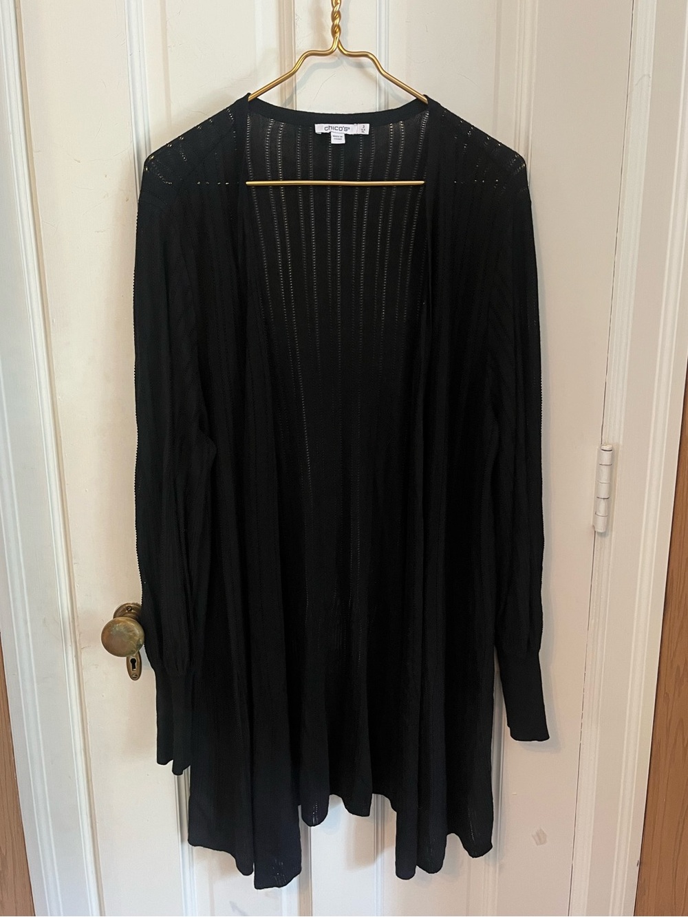 Chicos Pointelle Cardigan Sweater Size 3 XL Black Open Front Longline Knit